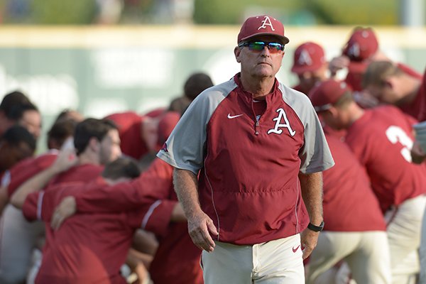 Arkansas coach Dave Van Horn returns to the dugout before the start of play against Wichita State Friday, Oct. 5, 2018, at Baum Stadium in Fayetteville. 