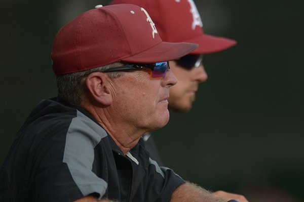 Arkansas coach Dave Van Horn watches warmups prior to a scrimmage against Wichita State on Friday, Oct. 5, 2018, in Fayetteville. 