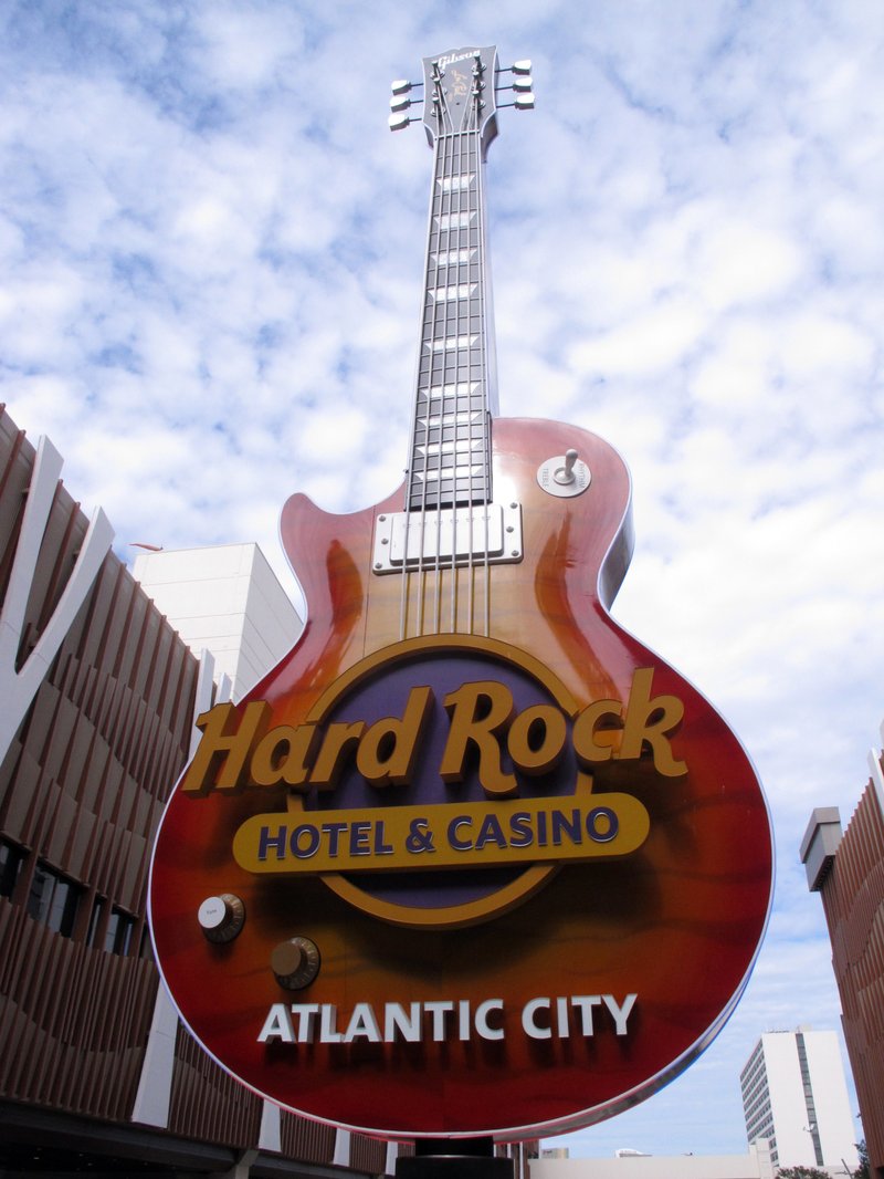 This Sept. 27, 2018, photo shows the huge guitar at the entrance to the Hard Rock casino in Atlantic City, N.J. The Hard Rock and the Ocean Resort Casino will both mark their 100th day of operation on Thursday Oct. 4.(AP Photo/Wayne Parry)
