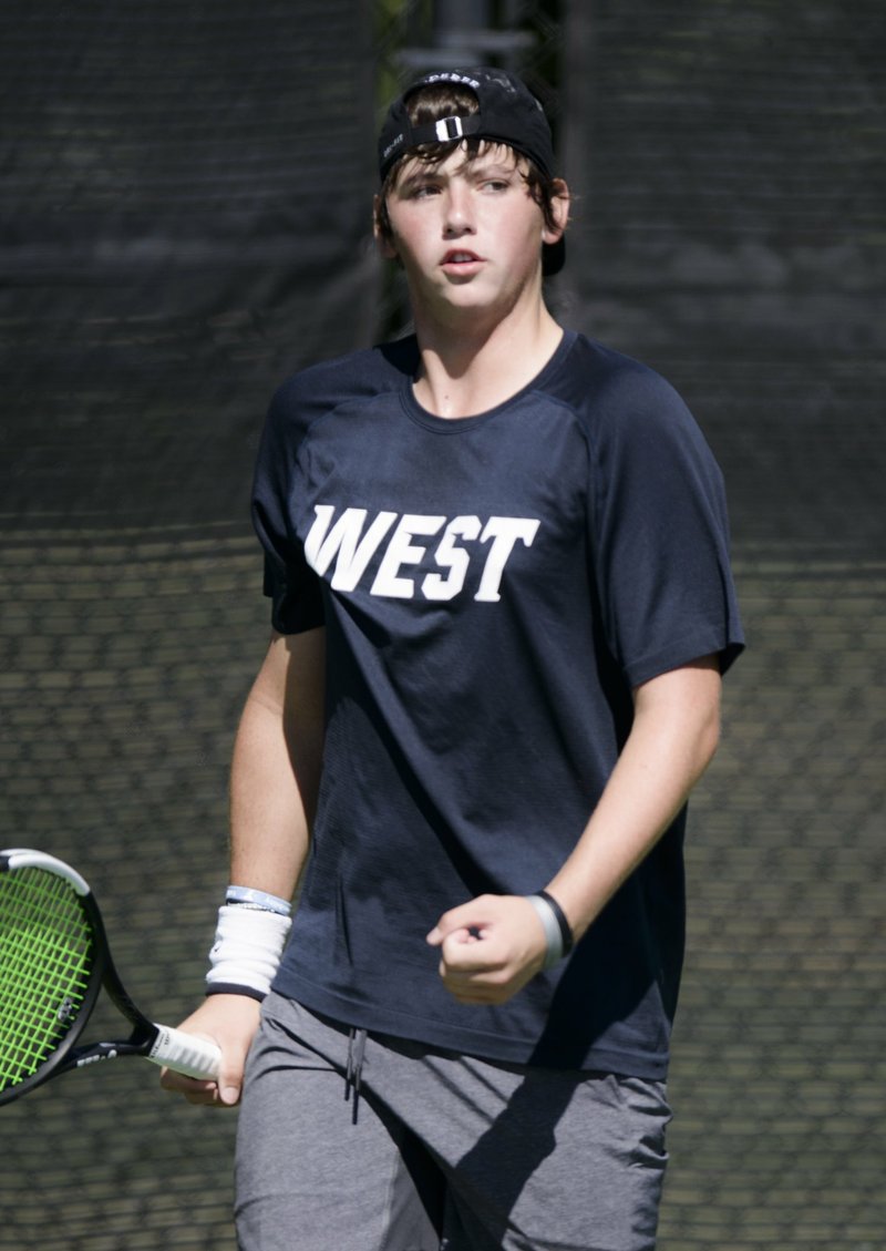 NWA Democrat-Gazette/CHARLIE KAIJO Bentonville West High School's Hayden Shoemake reacts during the 6A-West Conference tennis tournament, Thursday, September 27, 2018 at Memorial Park tennis courts in Bentonville.

