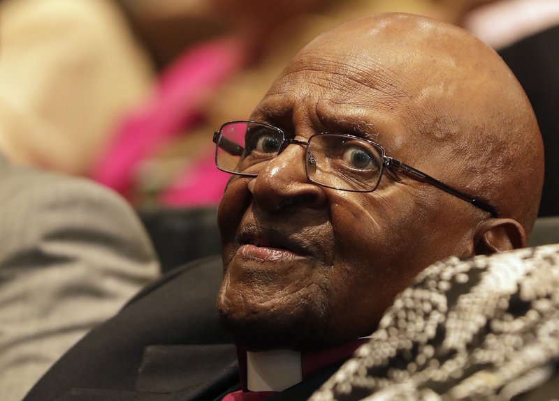 FILE -- In this Thursday, Feb. 8, 2018 file photo Anglican Archbishop Emeritus Desmond Tutu attends the launch of the Mandela rose in Johannesburg, South Africa. Tutu will spend his 87th birthday Sunday, Oct. 7, 2018 in a Cape Town hospital, the Desmond and Leah Tutu Legacy Foundation said. (AP Photo/Themba Hadebe, File)