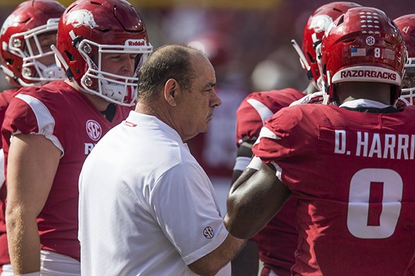 Arkansas defensive coordinator John Chavis talks to players during a game against Alabama on Saturday, Oct. 6, 2018, in Fayetteville. Arkansas defensive coordinator John Chavis talks to players during a game against Alabama on Saturday, Oct. 6, 2018, in Fayetteville.