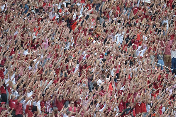 Arkansas fans call the Hogs against Alabama Saturday, Oct. 6, 2018, during the second quarter at Razorback Stadium in Fayetteville. Visit nwadg.com/photos to see more photographs from the game.