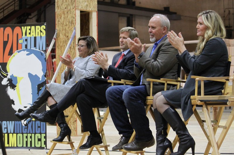 New Mexico Gov. Susana Martinez, from left, Albuquerque Mayor Tim Keller, Netflix vice president for physical production Ty Warren and Albuquerque film liaison Alicia Keyes headline a news conference at ABQ Studios in Albuquerque, N.M., on Monday, Oct. 8, 2018. Netflix has chosen Albuquerque as its new production hub and is in the process of buying the existing studio complex that includes several sound stages, offices and a back lot. (AP Photo/Susan Montoya Bryan)