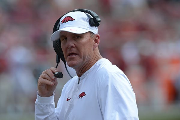 Arkansas coach Chad Morris directs his players against Alabama Saturday, Oct. 6, 2018, during the fourth quarter at Razorback Stadium in Fayetteville. 