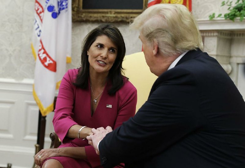 U.N. Ambassador Nikki Haley joins President Donald Trump in the Oval Office on Tuesday to announce her resignation. Trump said he hopes to name her successor in the next two to three weeks.