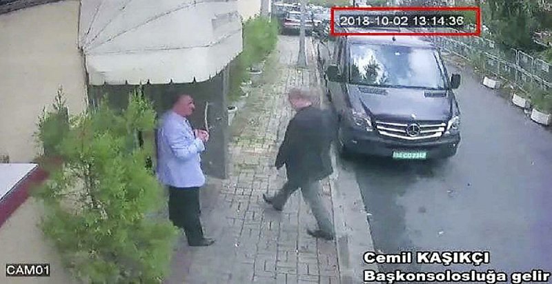In a video image made available Tuesday, journalist Jamal Khashoggi enters the Saudi Consulate in Istanbul on Oct. 2, the day he vanished. 