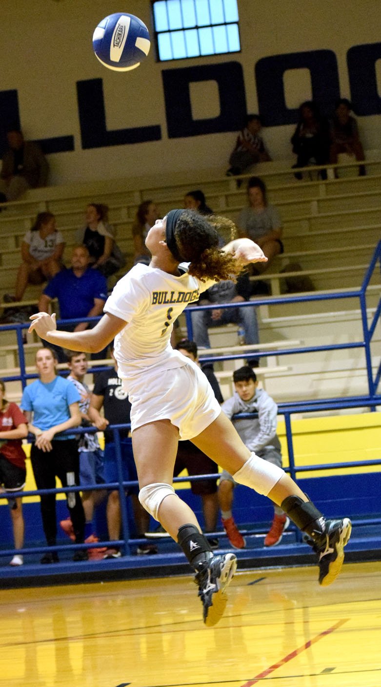 Westside Eagle Observer/MIKE ECKELS Desi Meek, in her final home game as a Lady Bulldog, delivers one of her power serves into Lady Yellowjacket territory during the third set of the Decatur-Mulberry conference volleyball match in Decatur Oct. 2.