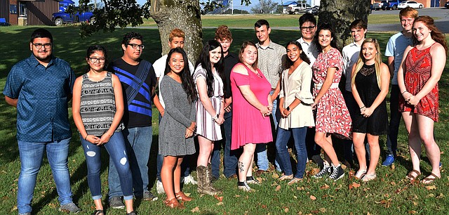 Westside Eagle Observer/MIKE ECKELS The Decatur High School 2018 homecoming court includes freshman maid Mayra Flores (front row, left), junior maid Emmy Lee, senior maids Presley Smith, Joni Moppin, Desi Meek, Amber Lydon, junior maid Tabby Tilley and sophomore maid Bronwyn Berry. Their escorts include Victor Gonzalez (back row, left), Javier Perez, Jimmy Mendoza, Austin Hamilton, Cayden Bingham, Lauro Molina, Seth Coleman and Bryson Funk.