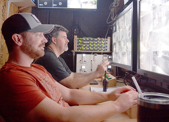 Keith Bryant/The Weekly Vista Jason Nelson, left, foreground, and Steven Burkett monitor the Nightmares Haunted House through an array of cameras and set off traps and scares remotely. &quot;Is it right to be having this much fun in here at their expense?&quot; asked Burkett, watching guests grow increasingly nervous.