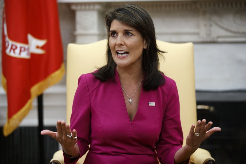Outgoing U.S. Ambassador to the United Nations Nikki Haley speaks during a meeting with President Donald Trump in the Oval Office of the White House, Tuesday, Oct. 9, 2018, in Washington. (AP Photo/Evan Vucci)