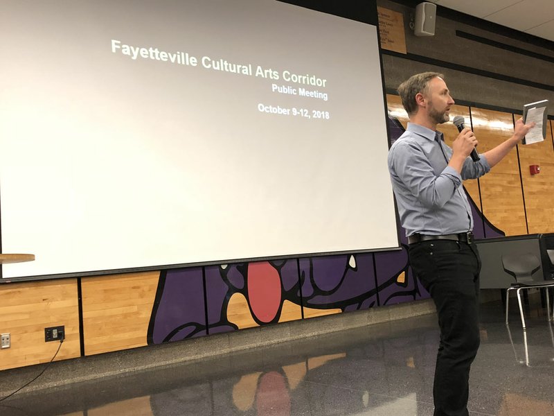 NWA Democrat-Gazette/STACY RYBURN Breck Gastinger with Nelson Byrd Woltz landscape architects speaks Tuesday, Oct. 9, 2018 at Fayetteville High School during a public input session for the city's developing cultural arts corridor downtown.