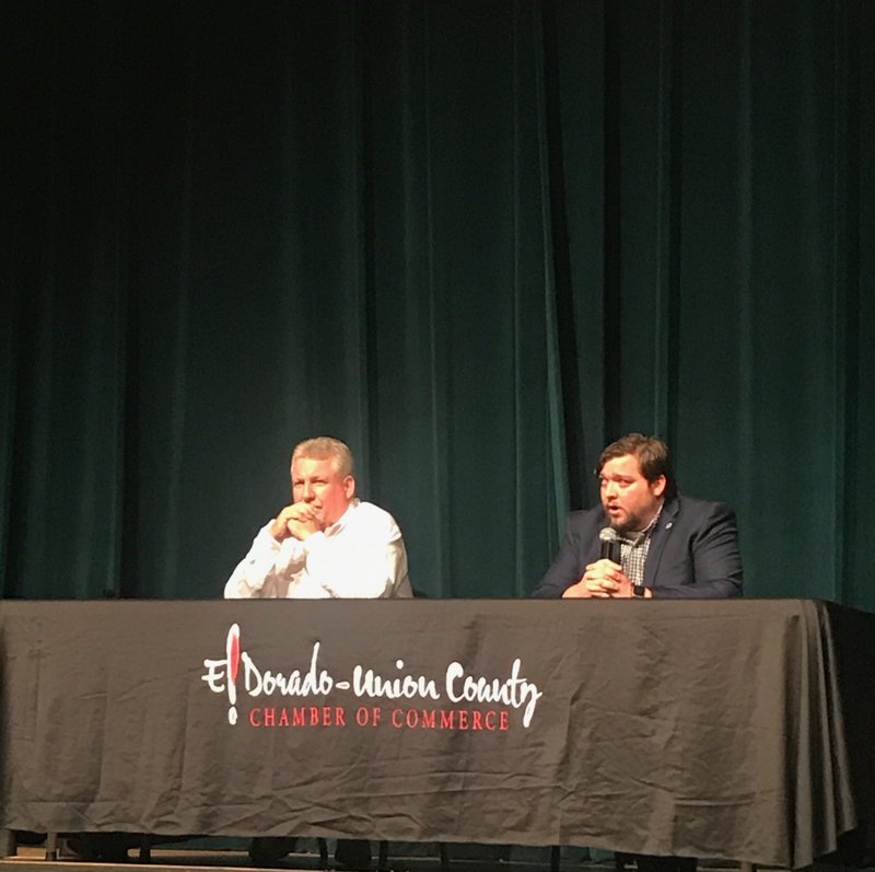 Incumbent Union County Judge Mike Loftin, a Democrat, at left, and opponent Cliff Preston, a Republican, at right, answer questions Tuesday at a public forum at the El Dorado Municipal Auditorium. 