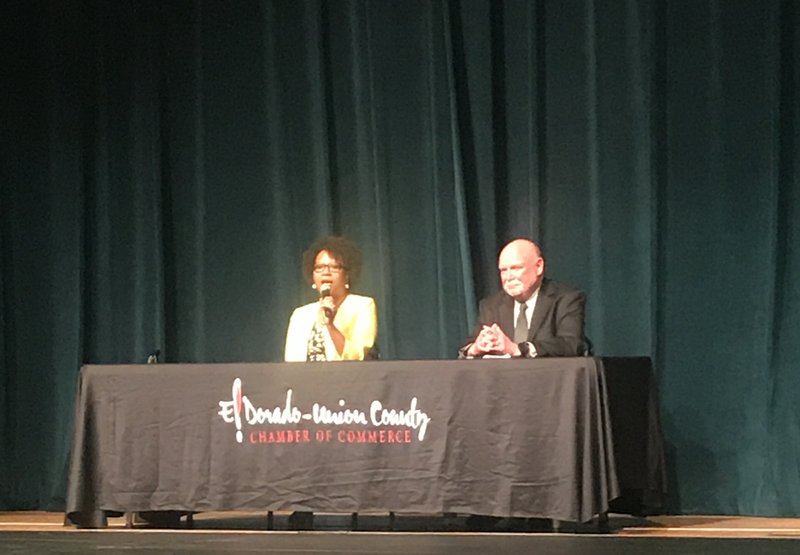 El Dorado mayoral candidates Veronica Smith-Creer, a Democrat, and Bill Luther, a Republican, address questions from the audience Tuesday at a public forum at the El Dorado Municipal Auditorium. Independent candidate Trang Lu was unable to attend the forum due to a family emergency. 