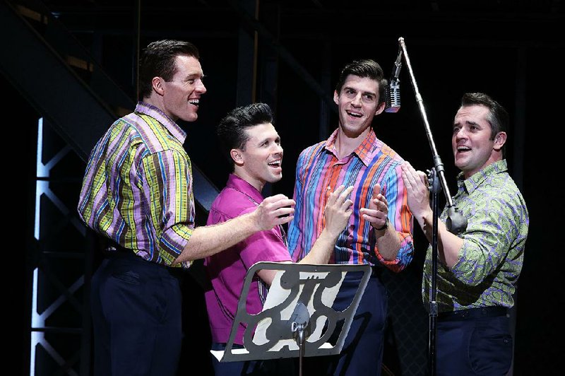 Jersey Boys, onstage this weekend at Robinson Center Performance Hall: in the recording studio — (from left) Jonathan Cable, Jonny Wexler, Eric Chambliss and Corey Greenan.