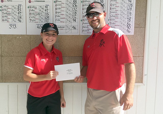 RICK PECK/SPECIAL TO MCDONALD COUNTY PRESS McDonald County's Lily Allman finished in a tie for sixth place at the Missouri Class 2 Sectional 3 Golf Championships on Monday at Shifferdecker Golf Course in Joplin to earn a berth at next week's state championships in Kansas City. Coach Kyle Fields presents Alllman with her qualifier's packet following Monday's tournament.