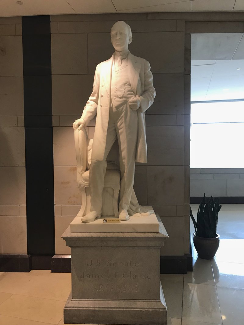 This May 11 photo shows a statue of James P. Clarke, an Arkansas governor and U.S. senator, at the U.S. Capitol in Washington. A Democrat running for a congressional seat in Arkansas says the statue of his great-great grandfather should be removed from the U.S. Capitol, condemning his ancestor's statement that the South looked to the Democratic Party to preserve "white standards." (AP Photo/Andrew DeMillo)

