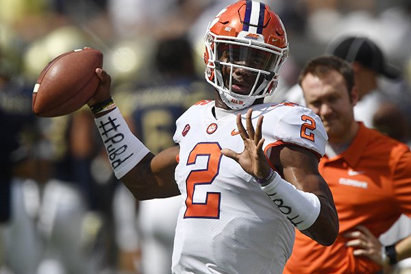 Clemson quarterback Kelly Bryant (2) warms up before the first half of an NCAA college football game between Georgia Tech and Clemson, Saturday, Sept. 22, 2018, in Atlanta. (AP Photo/Mike Stewart)

