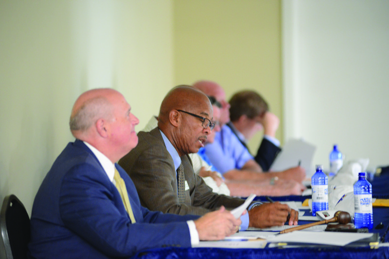 The Southern Arkansas University Board of Trustees met Tuesday at the campus of SAU Tech in East Camden. Pictured (front to back) are SAU President Dr. Trey Berry, along with University Board of Trustees members Edgar Lee, David Nelson, Lawrence Bearden, Therral Story, and Monty Harrington.