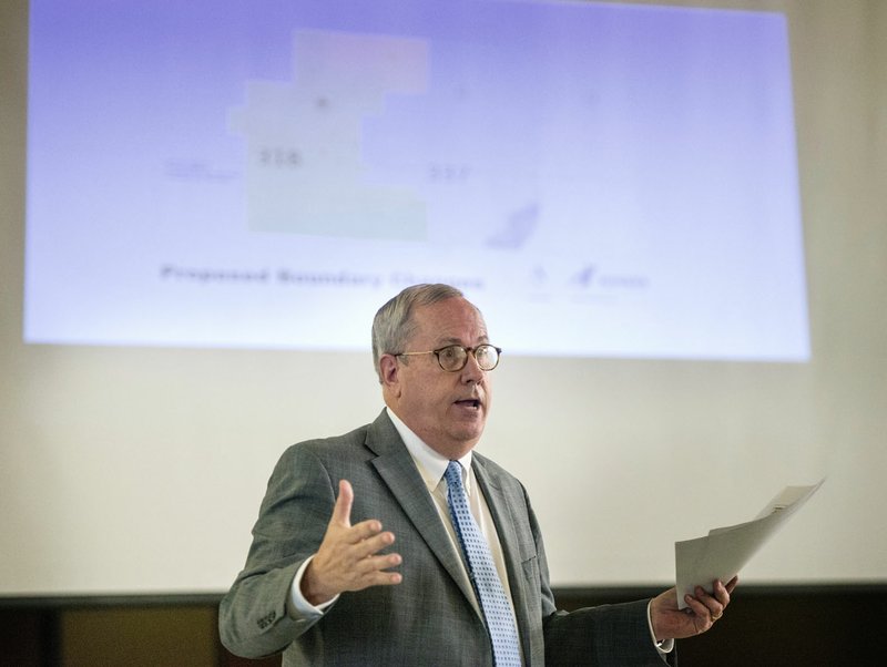 NWA Democrat-Gazette/BEN GOFF &#8226; @NWABENGOFF Marlin Berry, superintendent of Rogers School District, speaks Thursday during a meeting at Tucker Elementary School in Lowell for residents to learn about a proposal to rezone Rogers schools elementary attendance boundaries for the 2019-20 school year.