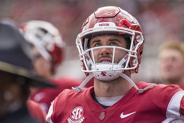 Arkansas quarterback Ty Storey looks toward the video board during a game against Alabama on Saturday, Oct. 6, 2018, in Fayetteville. 