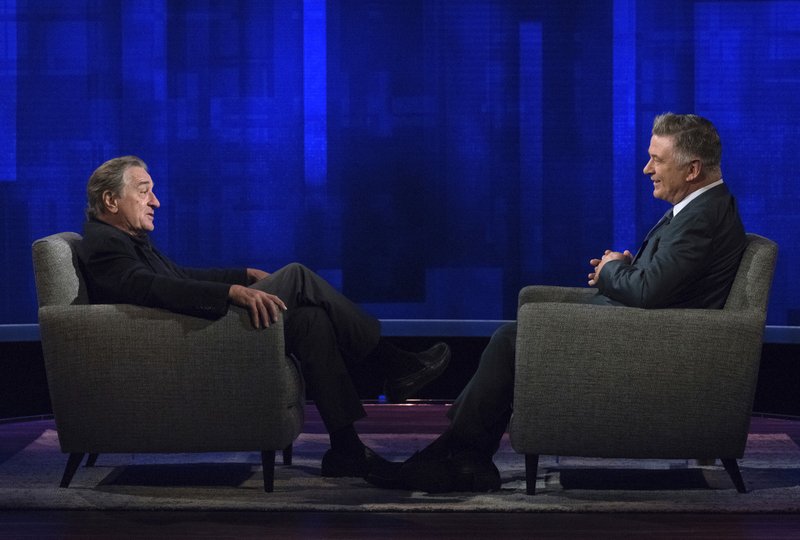 This image released by ABC shows host Alec Baldwin, right, speaking with actor Robert De Niro during an appearance on &quot;The Alec Baldwin Show,&quot; a talk show premiering Sunday, Oct. 14 on ABC. (Heidi Gutman/ABC via AP)