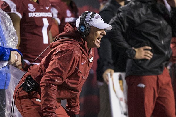 Arkansas coach Chad Morris is shown during the third quarter of a game against Ole Miss on Saturday, Oct. 13, 2018, at War Memorial Stadium in Little Rock.