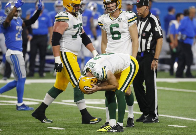 Green Bay Packers kicker Mason Crosby reacts after missing his third field goal of the day during the first half of an NFL football game against the Detroit Lions, Sunday, Oct. 7, 2018, in Detroit. (AP Photo/Paul Sancya)