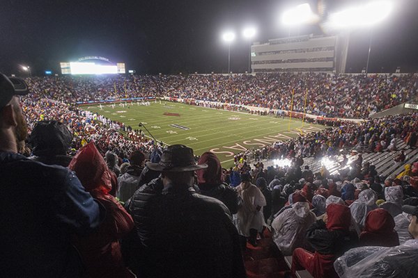 An announced crowd of 51,438 watches an Arkansas game against Ole Miss on Saturday, Oct. 13, 2018, at War Memorial Stadium in Little Rock. 