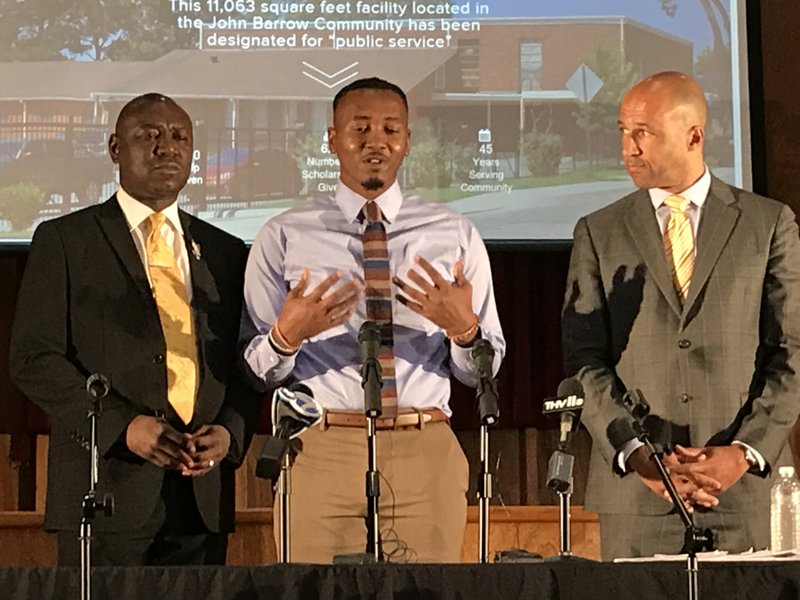 From left: Attorney Ben Crump, former Little Rock resident Roderick Talley and attorney Mike Laux speak at a press conference Oct. 15, 2018 at the Delta Presents Outreach Foundation in Little Rock.