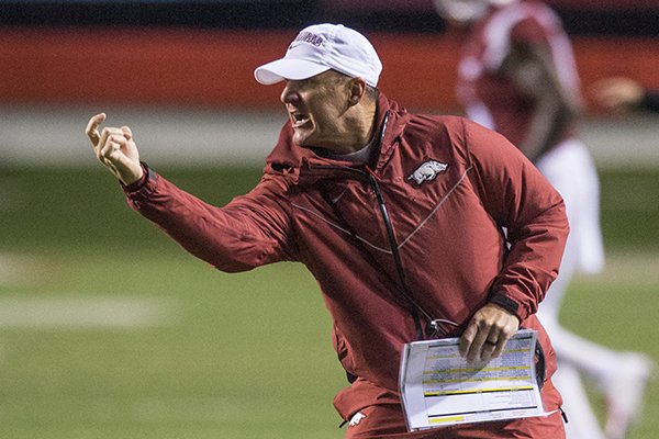 Chad Morris, Arkansas head coach, in the 4th quarter vs Ole Miss Saturday, Oct. 13, 2018, at War Memorial Stadium in Little Rock.