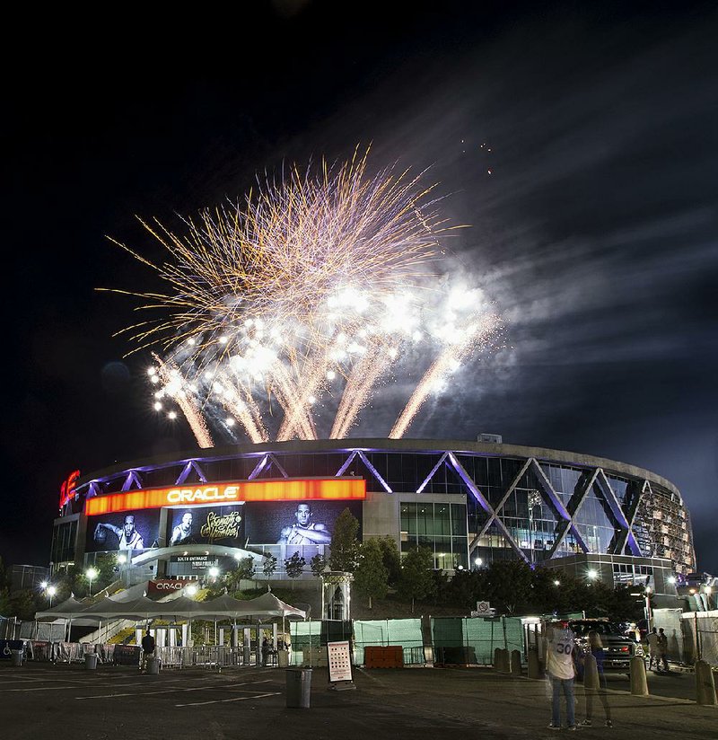 Fireworks light up the night over Oracle Arena on June 8 in Oakland, Calif., after the Golden State Warriors finished off their sweep of the Cleveland Cavaliers in the NBA Finals. This will be the last season the Warriors play in Oakland before moving to San Francisco.