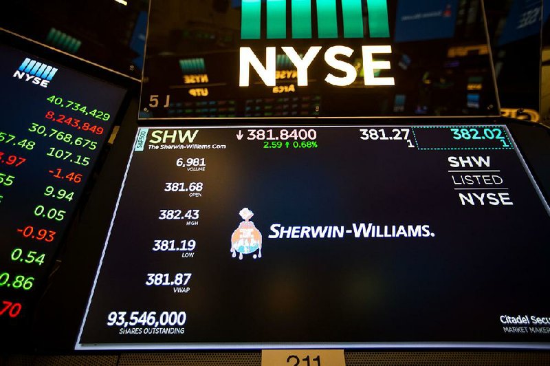 A monitor on the floor of the New York Stock Exchange displays Sherwin-Williams Co. stock activity in June. 