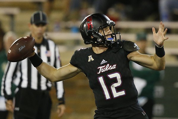 Tulsa quarterback Seth Boomer (12) during an NCAA college football game between South Florida and Tulsa in Tulsa, Okla., Friday, Oct. 12, 2018. (AP Photo/Sue Ogrocki)

