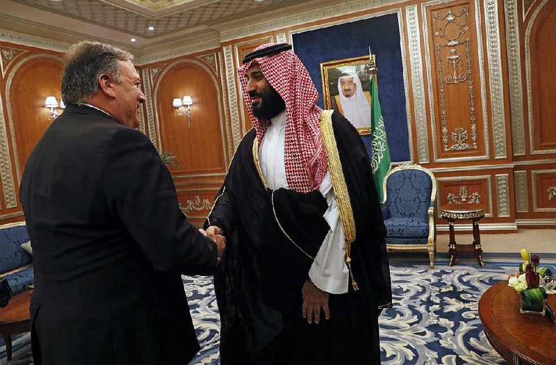 Secretary of State Mike Pompeo is greeted by Crown Prince Mohammed bin Salman in Riyadh, Saudi Arabia, during his meeting with top Saudi officials Tuesday. 
