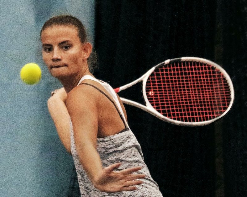 Bentonville’s Lucia Canigova (shown) defeated Jonesboro’s Jenna Payne in the girls Overall singles semifinals, while Fayetteville’s Mary Houston defeated Emily Heide of Mountain Home to set up the all-Northwest Arkansas championship match. 