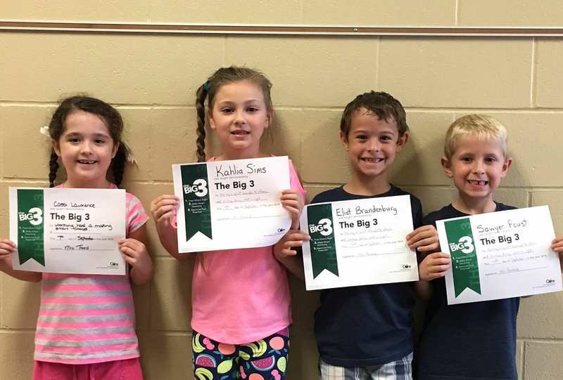 Photo submitted The Big 3 September Round-Up award winners for first grade were Cassi Lawrence (left), Kahlia Sims, Eliot Brandenburg and Sawyer Foust.