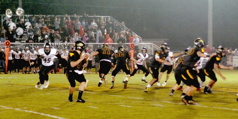 MARK HUMPHREY ENTERPRISE-LEADER Prairie Grove senior quarterback Ethan Guenther drops back to pass in the first quarter against Pea Ridge. The Tigers sustained a 38-29 Homecoming loss Friday, Oct. 12, 2018, to drop to 2-2 in league play.