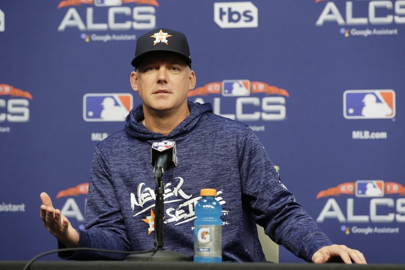 Houston Astros manager AJ Hinch speaks during a news Monday, Oct. 15, 2018, in Houston. The Astros will face the Boston Red Sox in Game 3 of the baseball American League Championship Series Tuesday Oct. 16 2018. (AP Photo/Frank Franklin II)