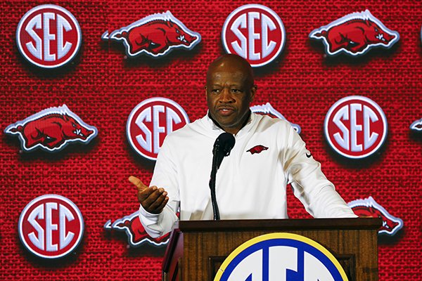 Arkansas coach Mike Anderson speaks during the Southeastern Conference men's NCAA college basketball media day, Wednesday, Oct. 17, 2018, in Birmingham, Ala. (AP Photo/Butch Dill)

