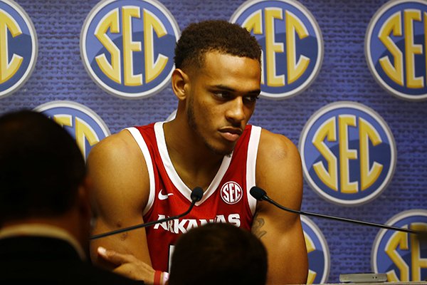 Arkansas player Daniel Gafford speaks during the Southeastern Conference men's NCAA college basketball media day, Wednesday, Oct. 17, 2018, in Birmingham, Ala. (AP Photo/Butch Dill)

