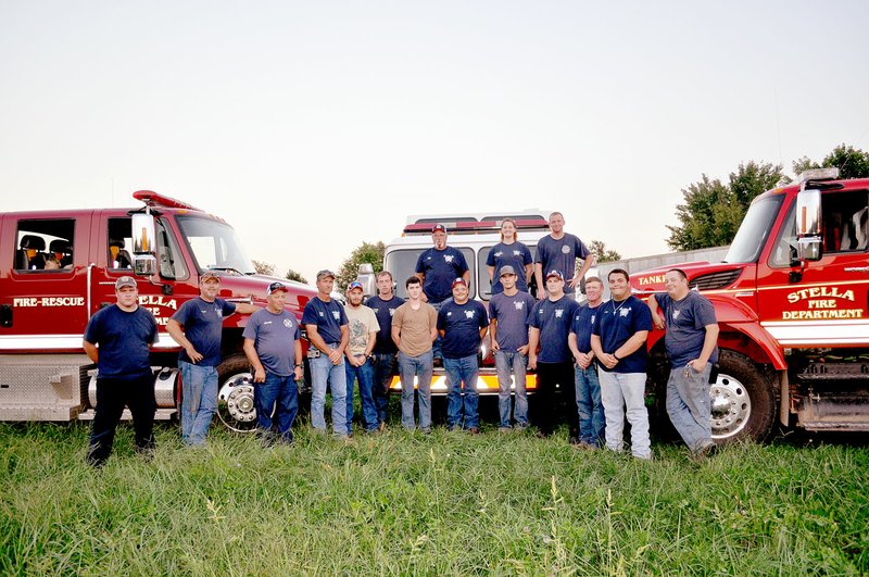 RACHEL DICKERSON/MCDONALD COUNTY PRESS Members of the Stella Rural Fire Department include Jacob Brashers (left), Chief Charlie Colvin, Jerald Carlin, Andy Williams, Rocky Bronson, Dustin Breckenridge, Eban Cormier, Craig Doty, Shawn Doty, Brenna Jones, William Zellers, Logan Furnish, Kurt Williams, Leon Horton, Nathan Sanders and Dexter Conner.