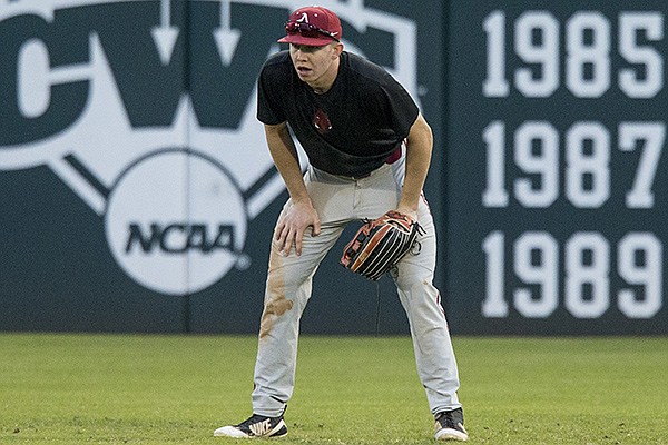 Arkansas sophomore Heston Kjerstad plays in the outfield during a scrimmage Thursday, Oct. 18, 2018, in Fayetteville. Arkansas sophomore Heston Kjerstad plays in the outfield during a scrimmage Thursday, Oct. 18, 2018, in Fayetteville.
