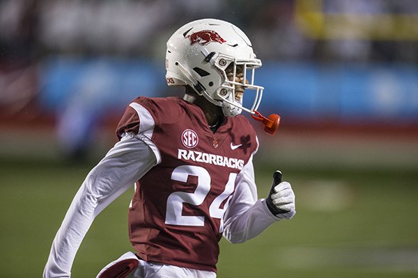 Arkansas cornerback Jarques McClellion is shown during the third quarter of a game against Ole Miss on Saturday, Oct. 13, 2018, in Little Rock. 
