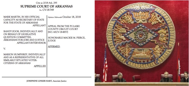 At left, a screenshot of the Arkansas Supreme Court's opinion blocking votes from being counted on Issue 1. At right, a file photo of the court.