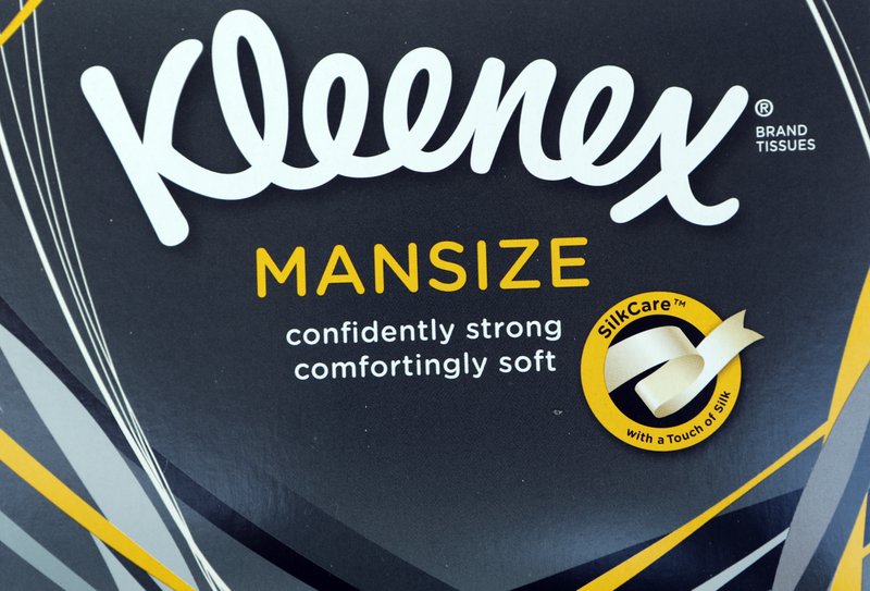 Kleenex Mansize tissues are pictured in London, Thursday, Oct. 18, 2018. Kleenex maker Kimberly-Clark says it will re-brand its "Mansize" tissues after consumers complained the name was sexist. (AP Photo/Frank Augstein)