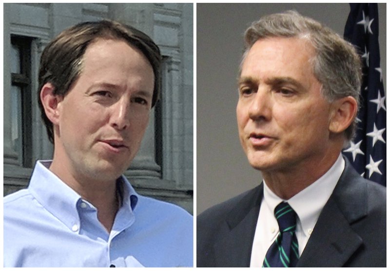 FILE - This combination of 2018 file photos shows Arkansas Congressional candidates, Democrat Clarke Tucker, left, and Republican U.S. Rep. French Hill. Tucker and Hill condemned a political action committee&#x2019;s radio ad that suggests white Democrats will lynch black Americans if they win the midterm election next month. (AP Photos/File)