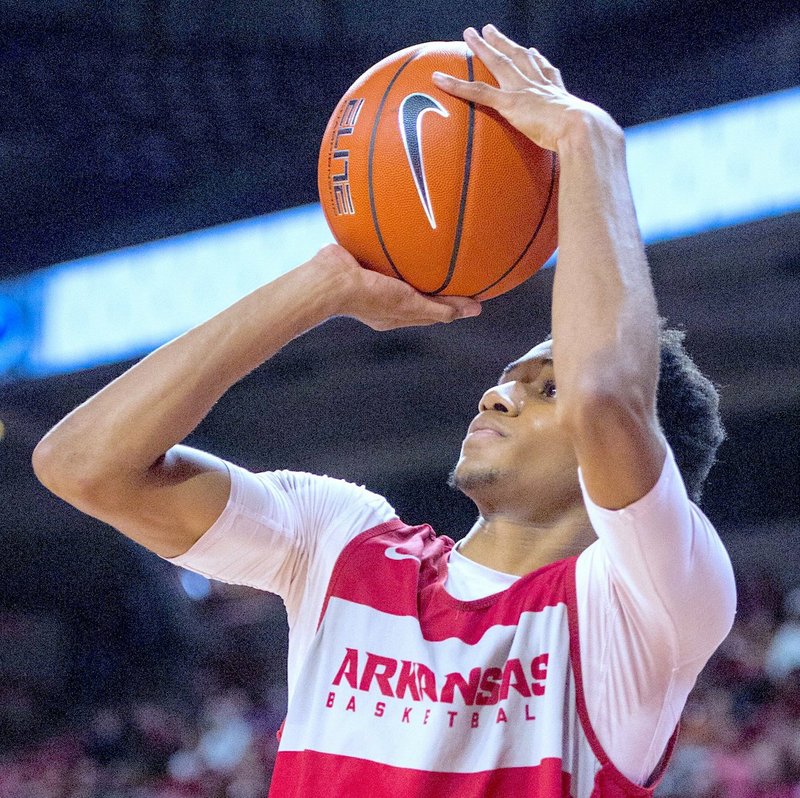 Hawgs Illustrated/BEN GOFF 
Isaiah Joe of red squad shoots a 3-point basket in the first half Friday, Oct. 19, 2018, during the Arkansas Red and White scrimmage at Bud Walton Arena in Fayetteville. 