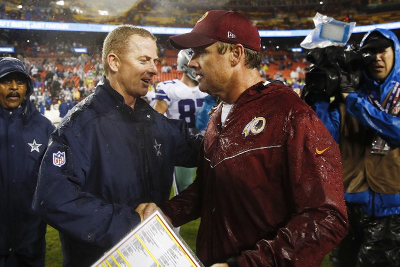 FILE - In this Oct. 29, 2017, file photo, Dallas Cowboys head coach Jason Garrett, left, greets Washington Redskins head coach Jay Gruden after an NFL football game in Landover, Md. Neither Gruden's Redskins nor Garrett's Cowboys has managed to win two games in a row this season, but both are coming off victories as they renew their NFC East rivalry Sunday. (AP Photo/Patrick Semansky, File)