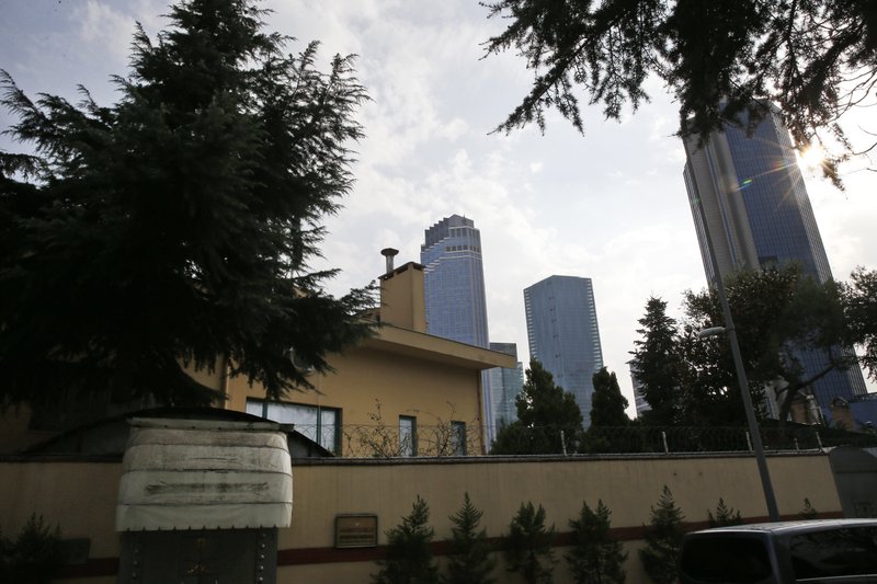 A view of Saudi Arabia's consulate in Istanbul, Saturday, Oct. 20, 2018. Turkey will &quot;never allow a cover-up&quot; of the killing of Saudi journalist Jamal Khashoggi in Saudi Arabia's consulate in Istanbul, a senior official in Turkey's ruling party said Saturday after Saudi Arabia announced hours earlier that the writer died during a &quot;fistfight&quot; in its consulate. (AP Photo/Lefteris Pitarakis)